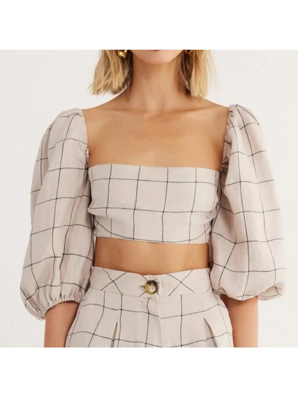 RUMER The Label Quinn Plaid Puff Sleeve Linen Crop Top Medium Revolve NWT